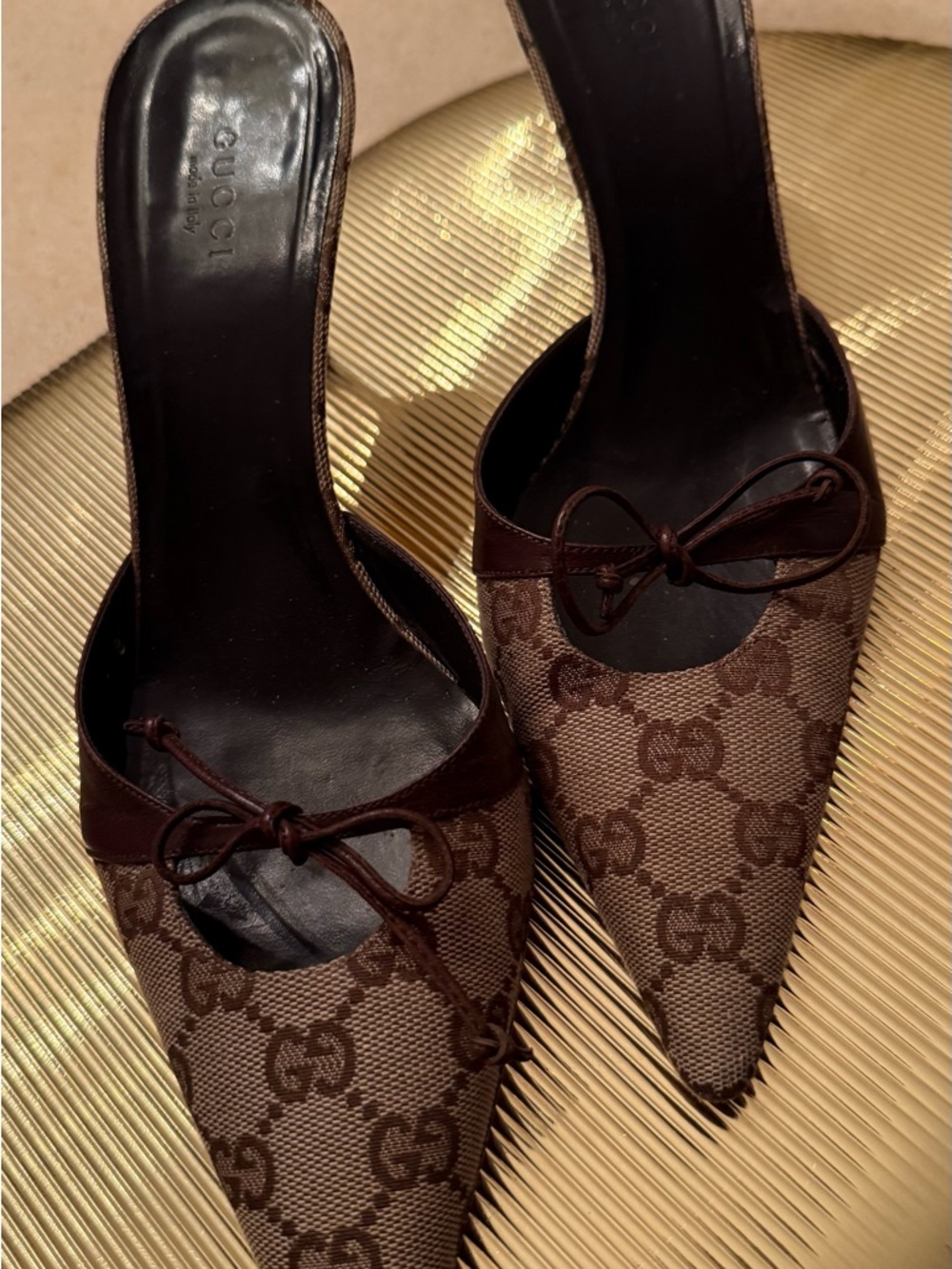 Gucci Brown GG Canvas Pointed Mules with Bow Trim - Picture 6 of 11